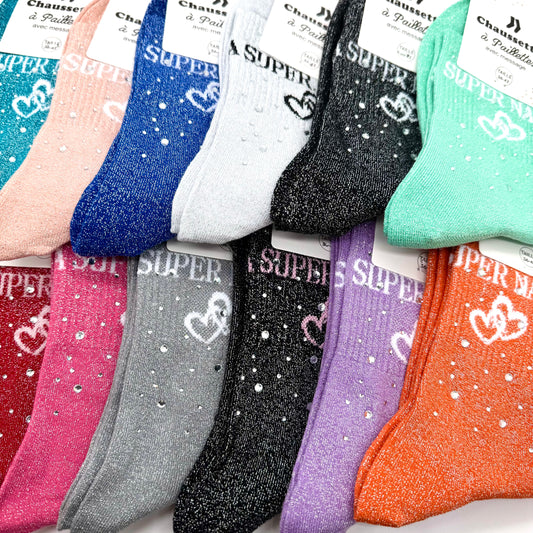 Chaussettes à Paillettes Strass "Super nana"