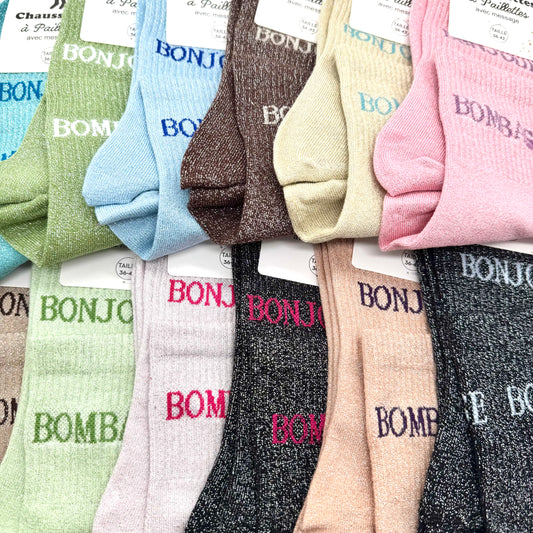 Chaussettes à Paillettes Duo "Bonjour & Bombasse"