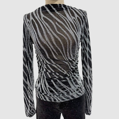 Top mesh zébré à fils métallisés – Col montant