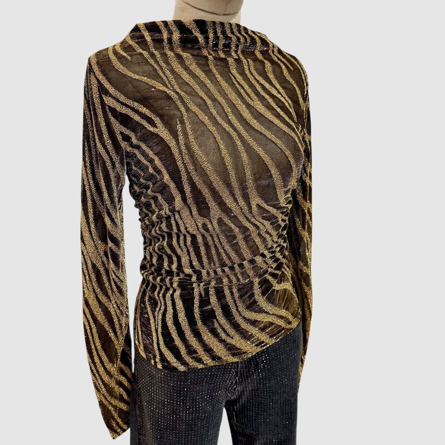 Top mesh zébré à fils métallisés – Col montant